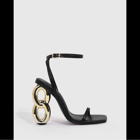Shoes - CuCio Black Ankle-Strap Sandal with Gold Statement Heel